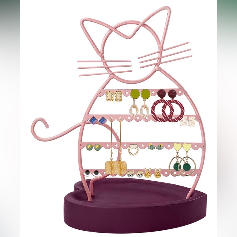 Cat Shaped Earrings Organizer Stand—Color is Pastel/Dusty Pink Metal-Wood Base